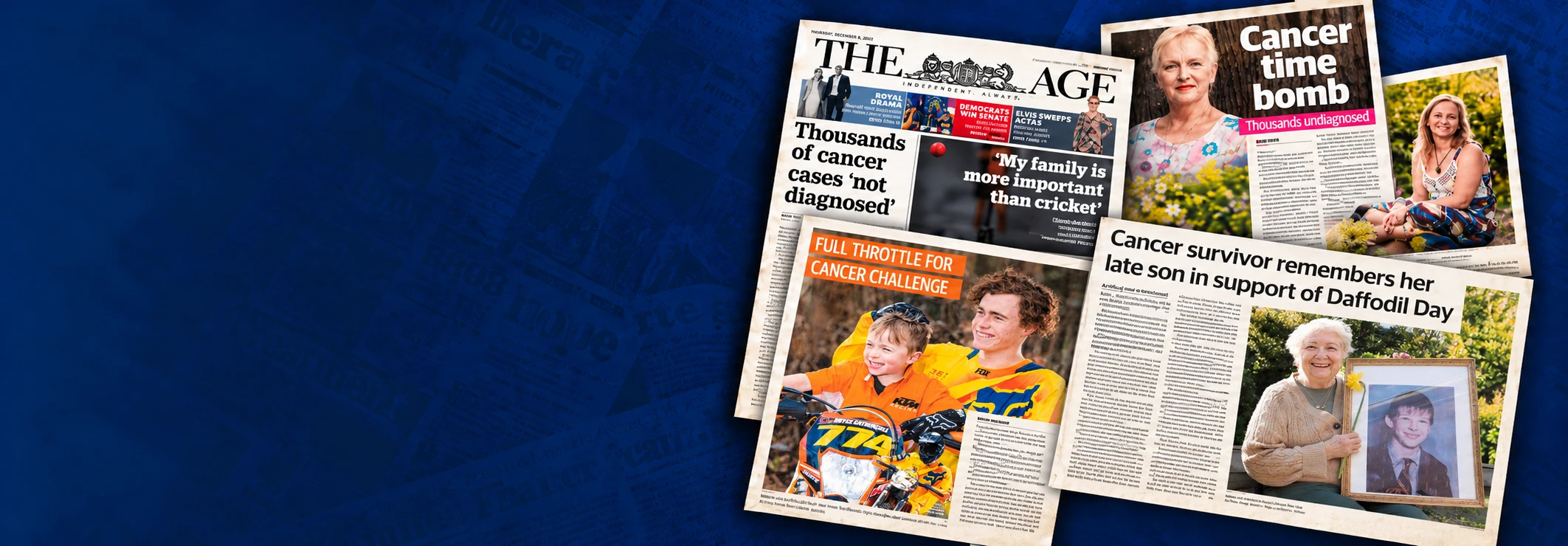 A selection of health campaign newspaper coverage featuring personal stories and community fundraising.